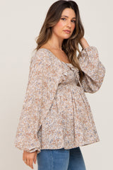 Taupe Floral Smocked Ruffled Long Sleeve Maternity Top