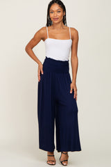 Navy Smocked Wide Leg Maternity Pants