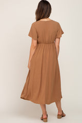 Camel V-Neck Maternity Midi Dress