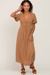 Camel V-Neck Maternity Midi Dress