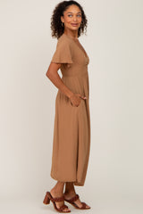 Camel V-Neck Midi Dress