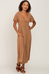 Camel V-Neck Midi Dress