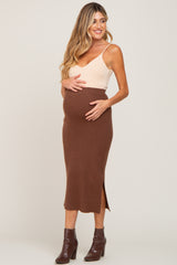 Mocha Ribbed Knit Side Slit Maternity Midi Skirt