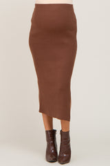 Mocha Ribbed Knit Side Slit Maternity Midi Skirt