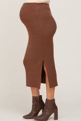 Mocha Ribbed Knit Side Slit Maternity Midi Skirt