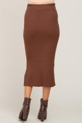 Mocha Ribbed Knit Side Slit Maternity Midi Skirt