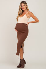 Mocha Ribbed Knit Side Slit Maternity Midi Skirt