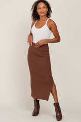 Mocha Ribbed Knit Side Slit Maternity Midi Skirt