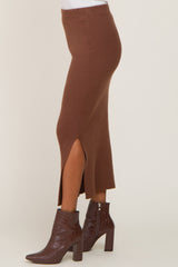 Mocha Ribbed Knit Side Slit Midi Skirt