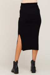 Black Ribbed Knit Side Slit Maternity Midi Skirt