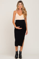 Black Ribbed Knit Side Slit Maternity Midi Skirt