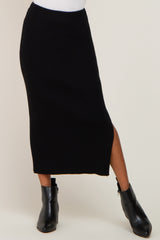 Black Ribbed Knit Side Slit Midi Skirt