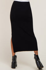 Black Ribbed Knit Side Slit Midi Skirt