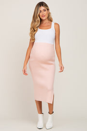 Light Pink Ribbed Knit Side Slit Maternity Midi Skirt