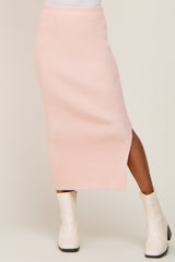 Light Pink Ribbed Knit Side Slit Midi Skirt