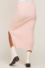 Light Pink Ribbed Knit Side Slit Midi Skirt