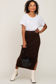 Brown Ribbed Knit Side Slit Midi Skirt