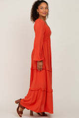 Rust Smocked Tiered Midi Dress