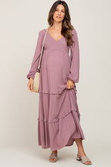 Mauve Smocked Tiered Maternity Midi Dress