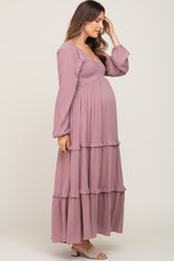 Mauve Smocked Tiered Maternity Midi Dress