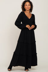 Black Smocked Tiered Maternity Midi Dress