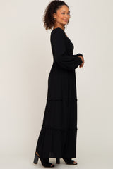 Black Smocked Tiered Midi Dress