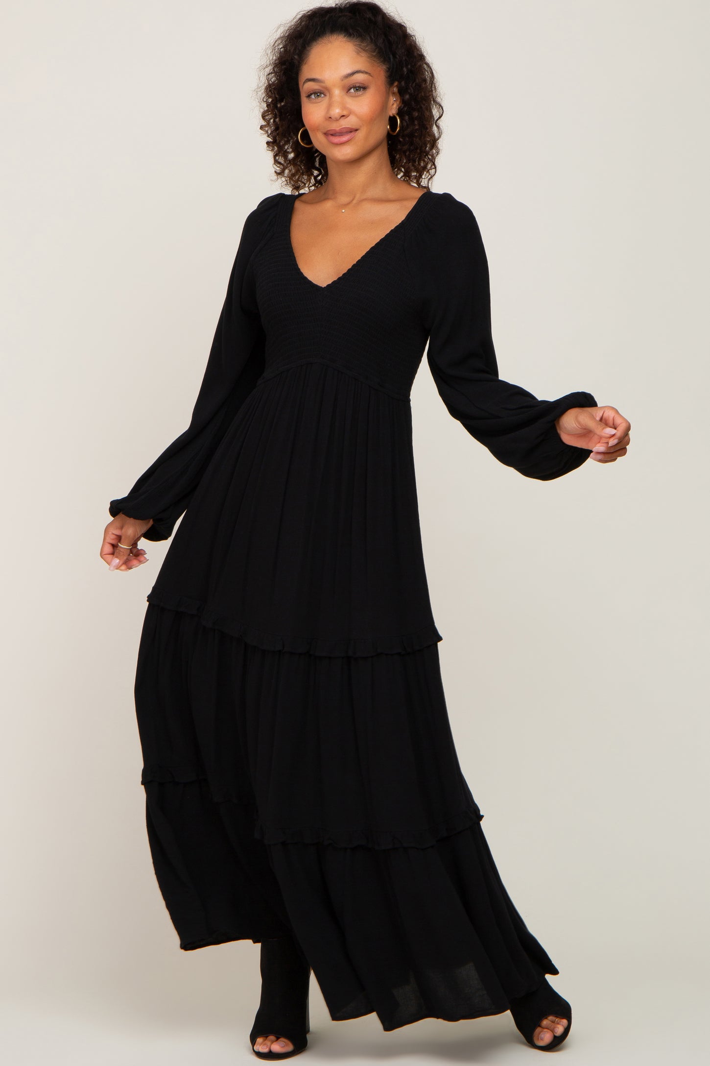 Black Smocked Tiered Midi Dress – PinkBlush