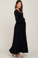 Black Smocked Tiered Maternity Midi Dress