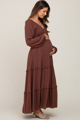 Mocha Smocked Tiered Maternity Midi Dress