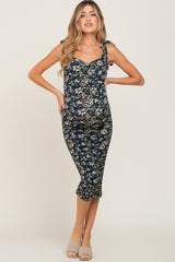 Navy Floral Ruched Shoulder Tie Maternity Dress