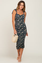 Navy Floral Ruched Shoulder Tie Maternity Dress