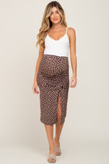 Brown Floral Ruched Cinched Side Slit Maternity Skirt