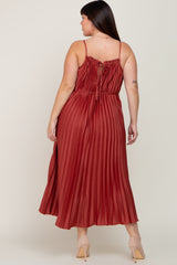 Rust Pleated Sleeveless Waist Tie Plus Maxi Dress