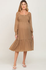 Mocha Shimmer Smocked Long Sleeve Maternity Dress