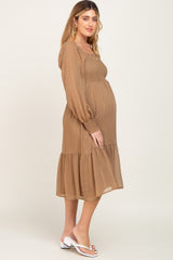 Mocha Shimmer Smocked Long Sleeve Maternity Dress