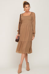 Mocha Shimmer Smocked Long Sleeve Maternity Dress