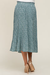 Green Animal Print Pleated Midi Skirt