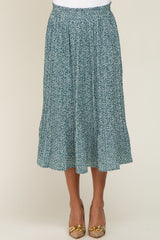 Green Animal Print Pleated Midi Skirt