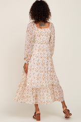 Ivory Floral Chiffon Ruffle Maxi Dress