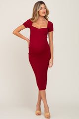 Burgundy Ribbed Maternity Midi Dress