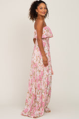 Light Pink Floral Strapless Ruffle Front Maxi Dress