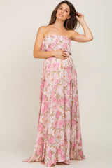 Light Pink Floral Strapless Ruffle Front Maternity Maxi Dress