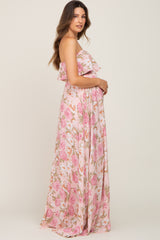 Light Pink Floral Strapless Ruffle Front Maternity Maxi Dress