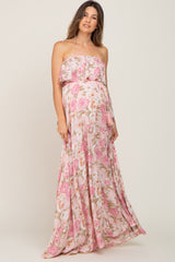 Light Pink Floral Strapless Ruffle Front Maternity Maxi Dress