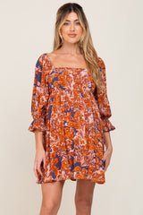 Navy Rust Floral Puff Sleeve Maternity Mini Dress