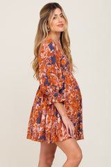 Navy Rust Floral Puff Sleeve Maternity Mini Dress