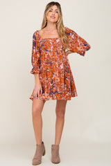 Navy Rust Floral Puff Sleeve Maternity Mini Dress