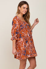 Navy Rust Floral Puff Sleeve Mini Dress