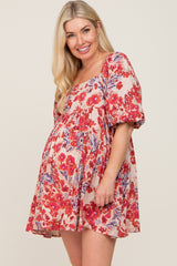 Burgundy Red Floral Puff Sleeve Maternity Mini Dress