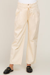 Beige Drawstring Pleated Maternity Denim Pants